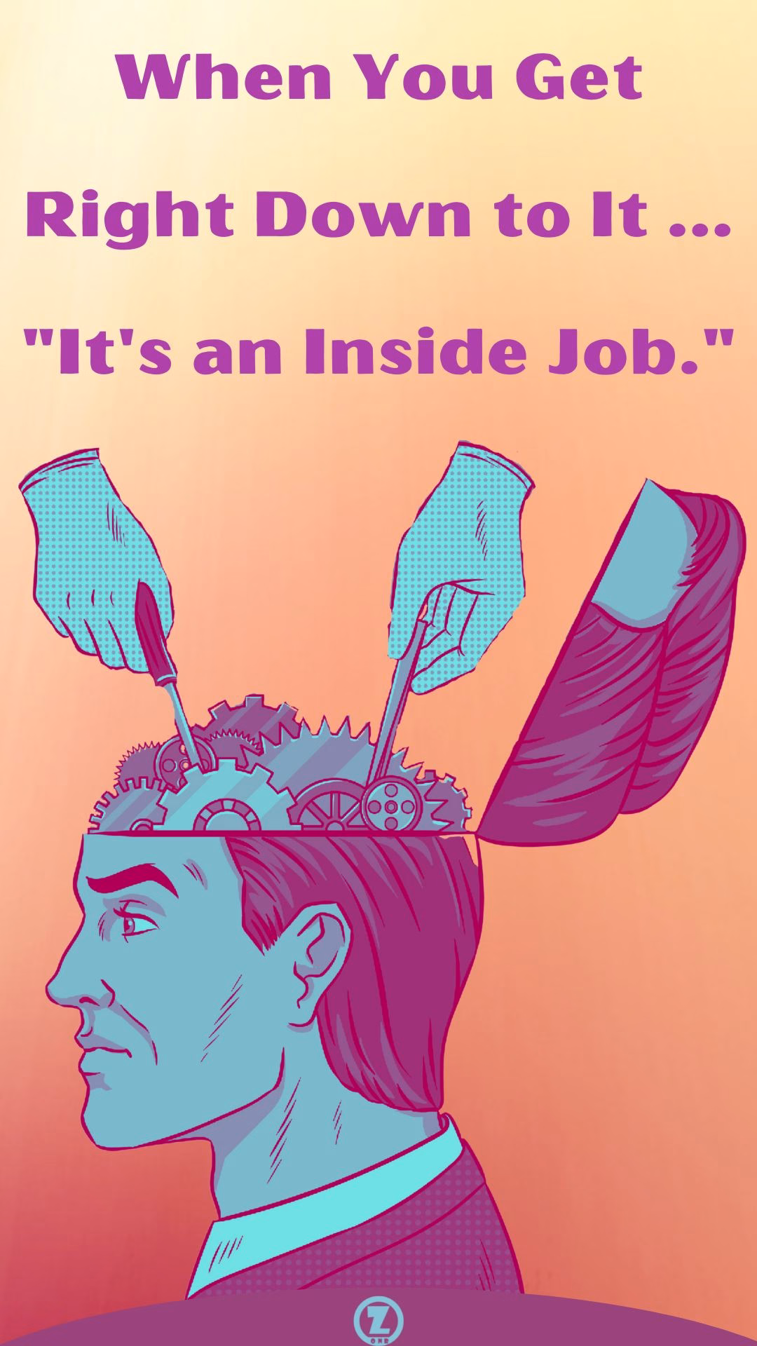 Cartoon of a skull opened up displaying gears has hands from above tinker - virtue