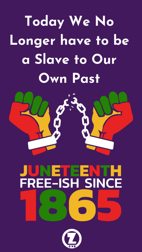 Juneteenth celebration w/ rainbow hands breaking chains from their wrists and sfz title